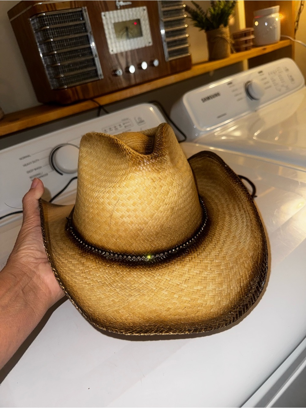 Women’s Straw Cowboy Hat in Tan with Dark Brown Trim - Picture 2 of 15